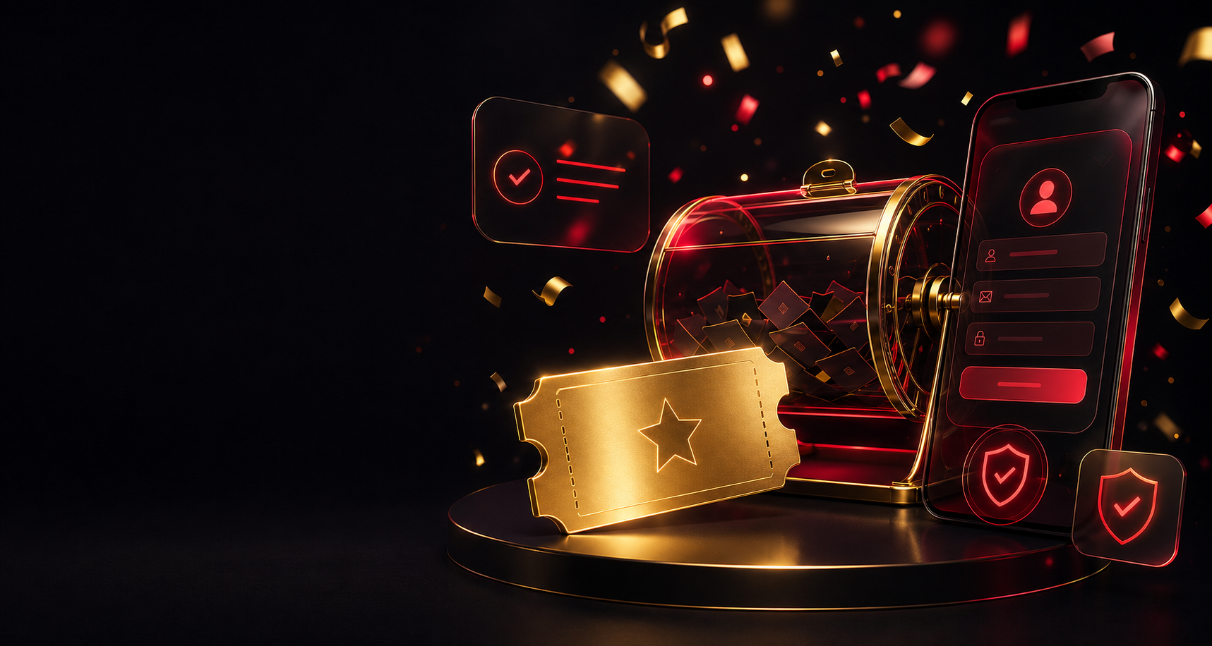 Visual premium de sorteo online con ticket dorado, paneles digitales y premios